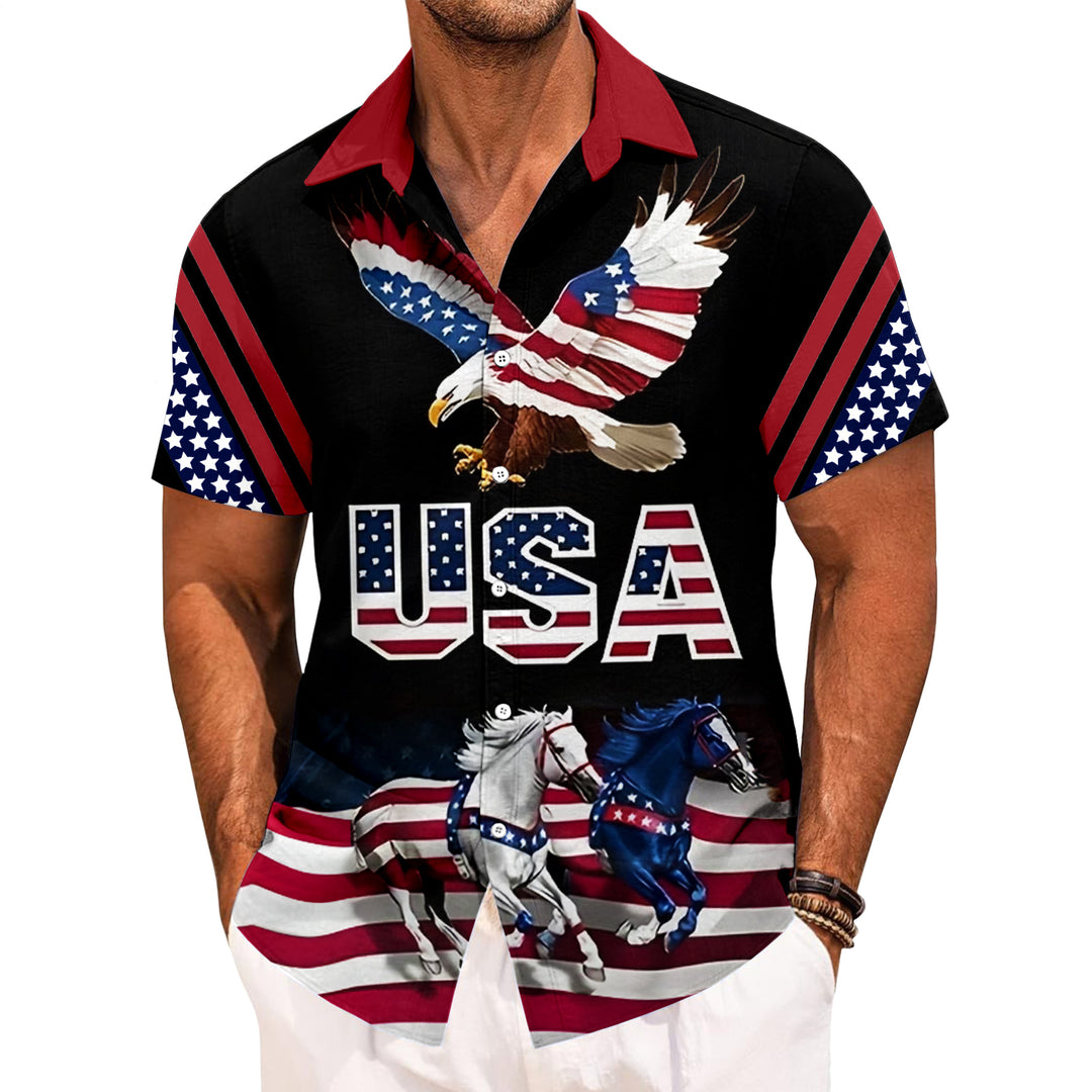Flag Button Up Shirt Men Eagle Print Short Sleeve Button Down Patriotic Hawaiian Shirts for Parade Party amiable