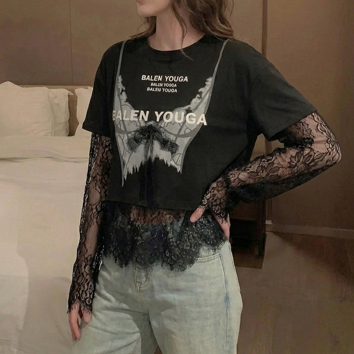 Lace Tshirt for Women Lace Splicing Long Sleeve Shirts Blouse Crew Neck Casual Layered Tee for Vacation Party superb