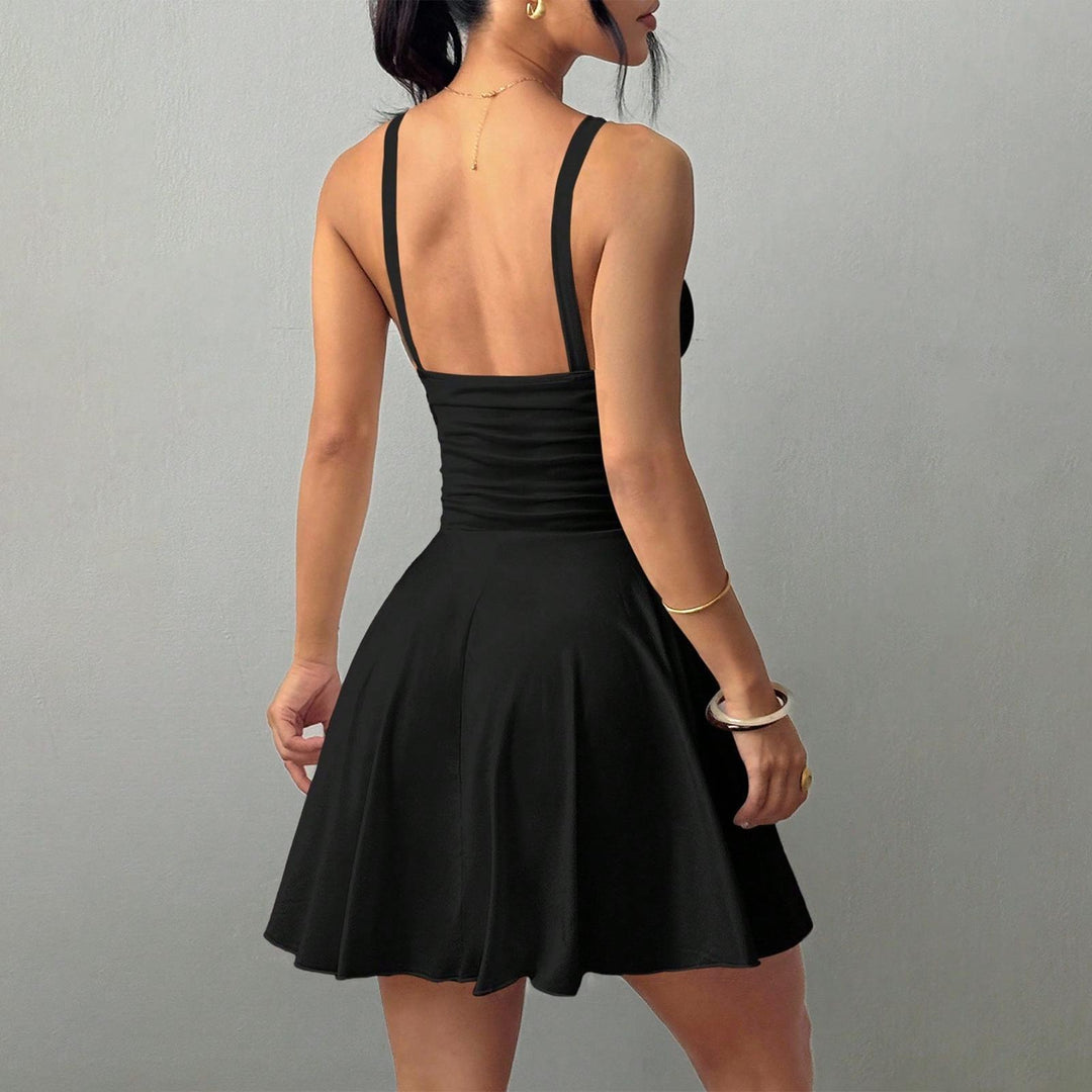 Sleeveless Mini Dress for Women Cinched Waist V Neck Flowy Short Dress Elegant Sundresses for Cocktail Party appropriate