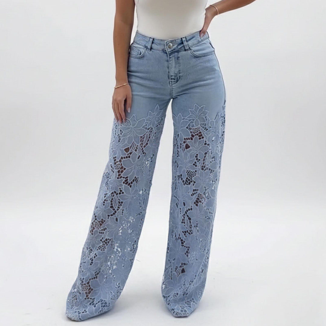 Lace Jeans for Women Hollow Lace Spliced High Waisted Fashion Jeans Loose Fit Denim Pants for Daily Wear exceptional