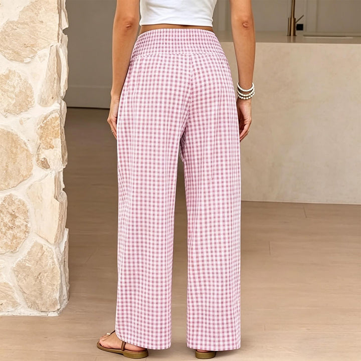 Women Gingham Pants Smocked Waist Plaid Pajama Lounge Pants Wide Leg Trousers with Pocket for Daily Wear gently