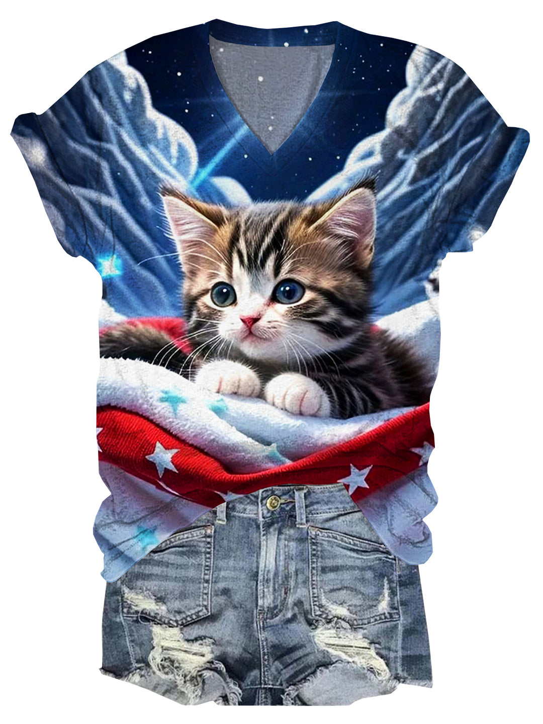 Cute Cat V-Neck Short Sleeve T-Shirt