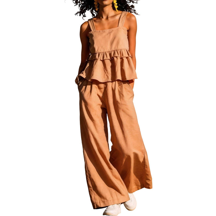 2 Piece Summer Sets for Women Ruffle Casual Summer Sleeveless Peplum Top and Wide Leg Pants Sets for Leisure workable