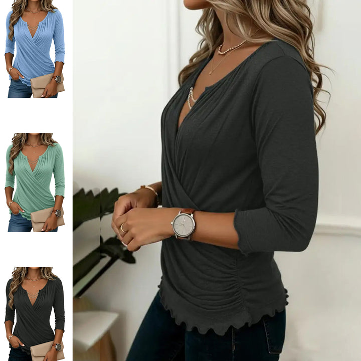 3/4 Sleeve Shirts for Women Wrap V Neck Trendy Ruched Tops 3/4 Sleeve Work Blouses for Travel Dating Vacation amiable