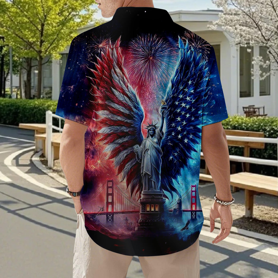 Flag Button Up Shirt Men Eagle Print Short Sleeve Button Down Patriotic Hawaiian Shirts for Parade Party amiable