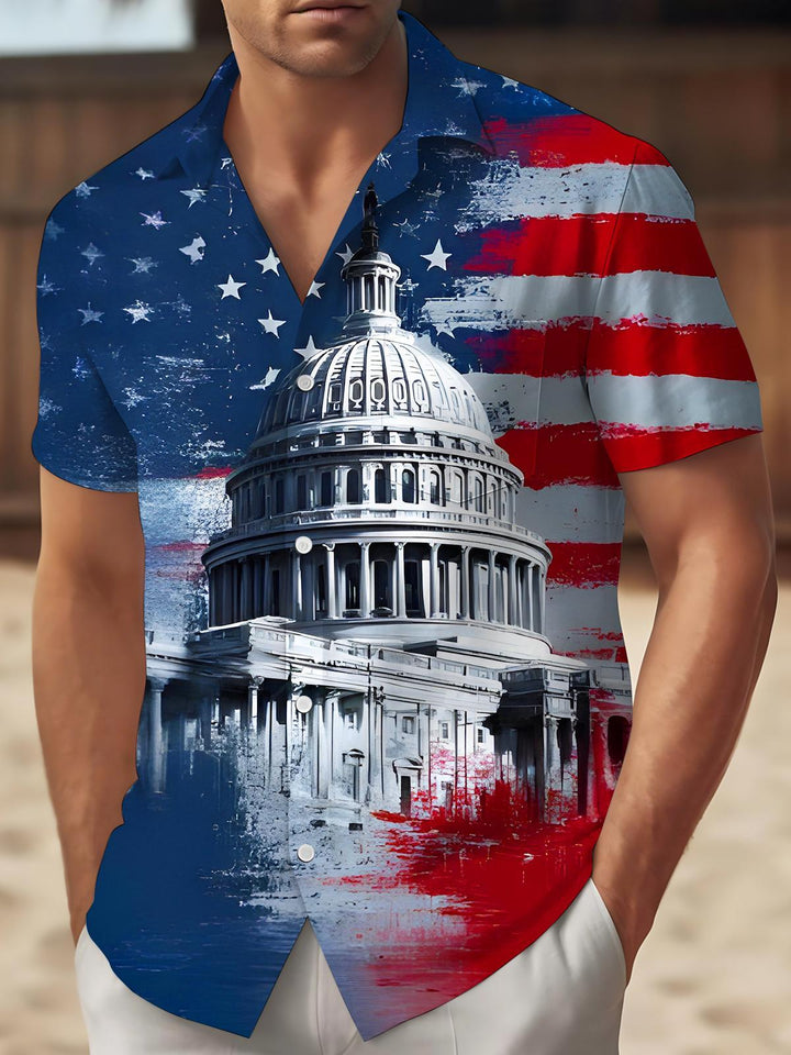 Capitol Building USA Flag Independence Day Men's Pocket Short Sleeve Shirts