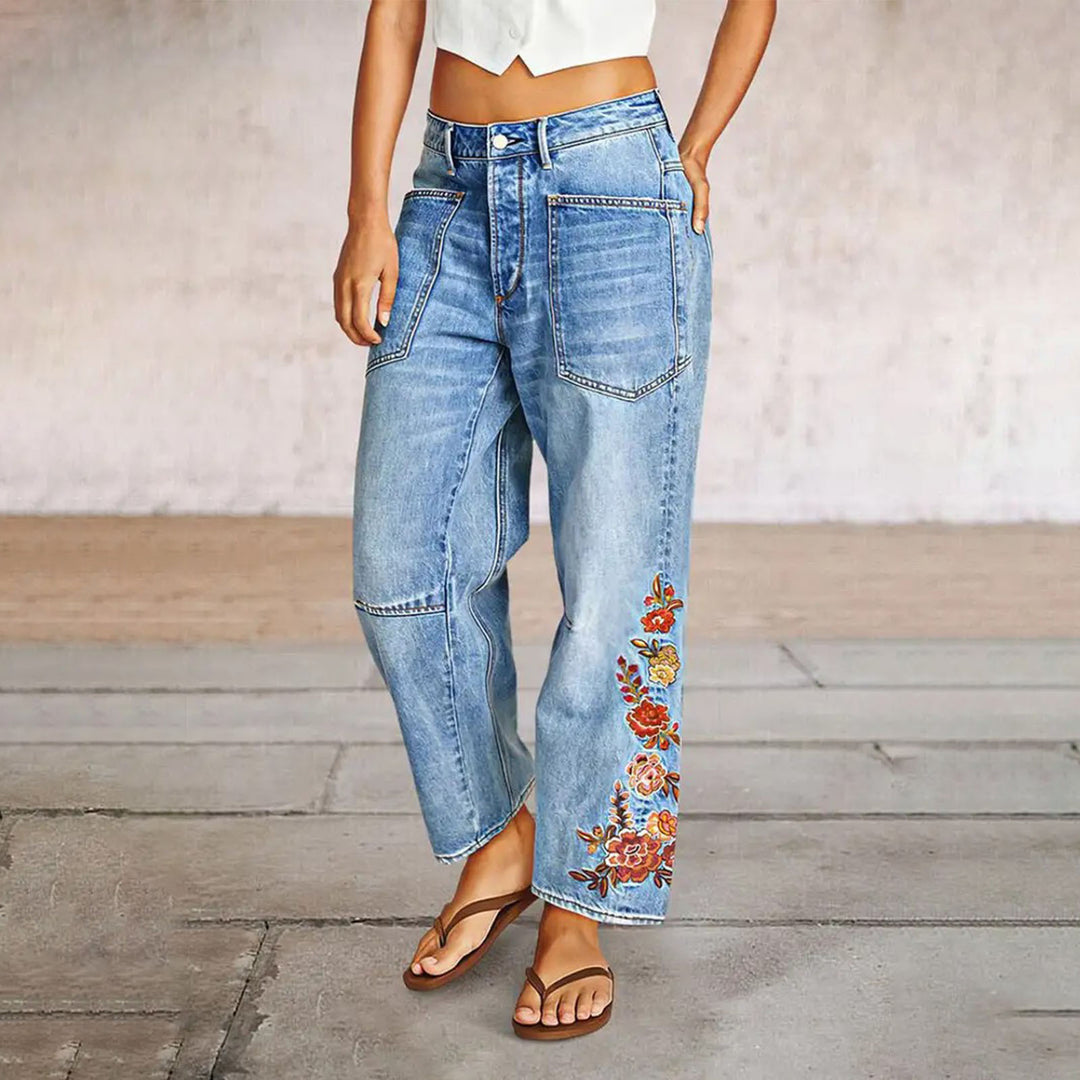 Cropped Jeans for Women Floral Embroidered Casual Summer Straight Leg Jeans Mid Rise Denim Pants for Travel thrifty