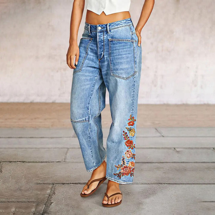 Cropped Jeans for Women Floral Embroidered Casual Summer Straight Leg Jeans Mid Rise Denim Pants for Travel thrifty