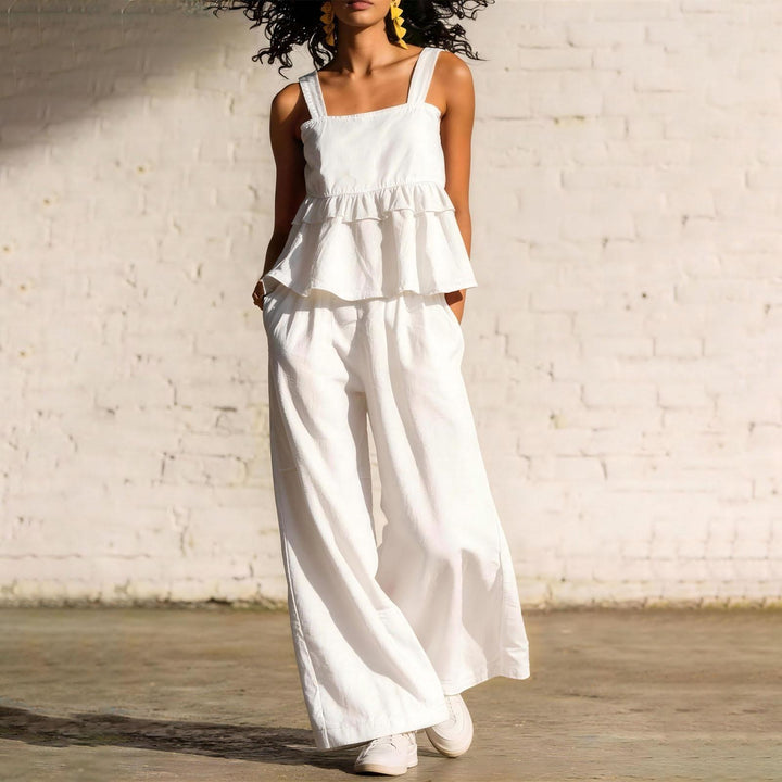 2 Piece Summer Sets for Women Ruffle Casual Summer Sleeveless Peplum Top and Wide Leg Pants Sets for Leisure workable