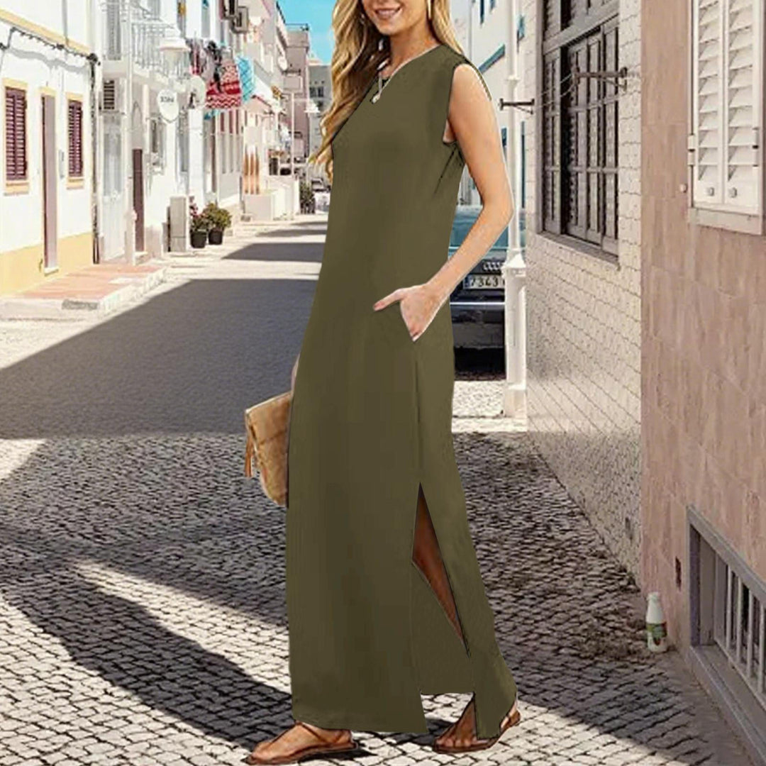 Tank Maxi Dress Sleeveless Solid Color Maxi Dress Loose Fit Side Slit Sundress for Fashionable Daily Wear Vacation Dating classy