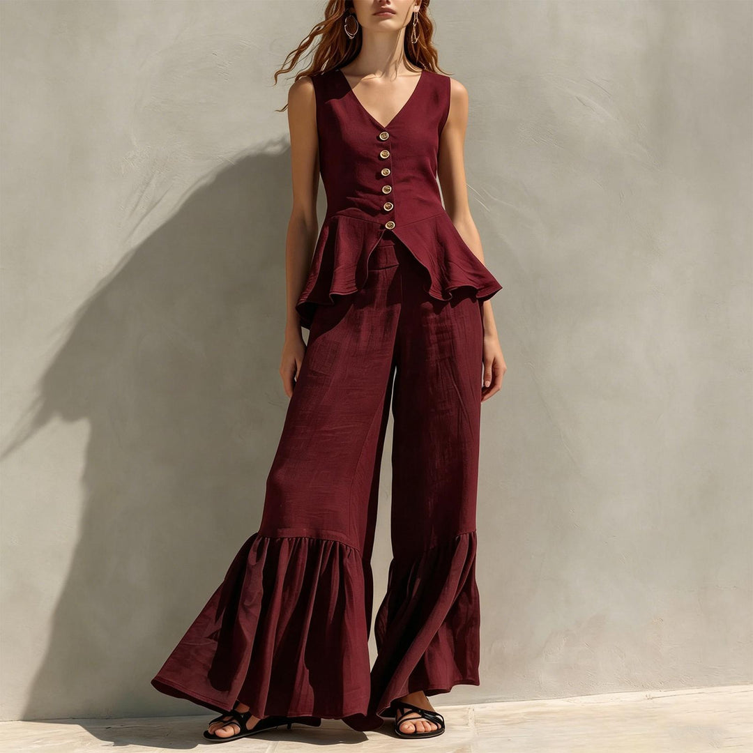 Women Two Piece Outfits Sets V Neck Sleeveless Peplum Top and Ruffle Flare Leg Pants Set for Dating Travel astonishing