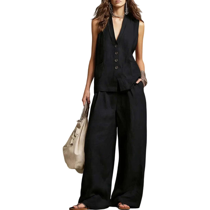 Womens Vest and Pants Set Two Piece Button Down Vest Top and Wide Leg Pants Casual Outfits for Work Travel ideal