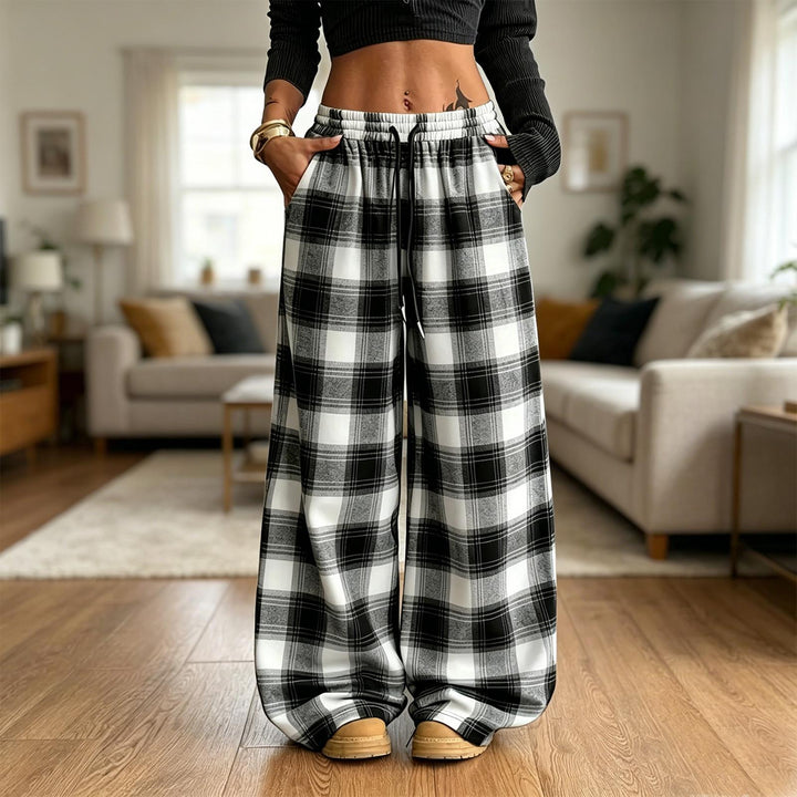 Plaid Pants for Women Wide Leg Drawstring Elastic Waist Trousers for Women with Pockets for Vacation Dating liberal