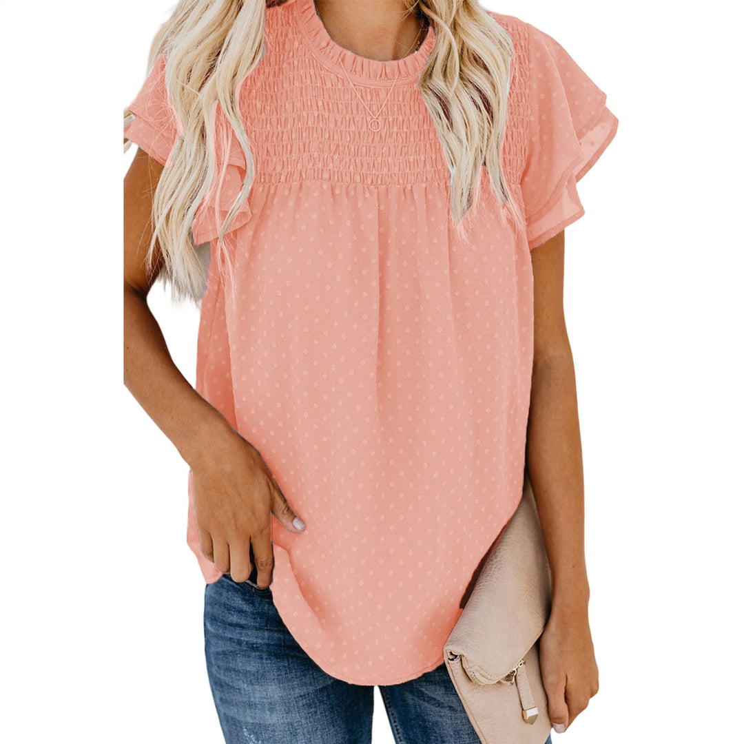 Womens Ruffle Short Sleeve Blouse Dot Smocked Crewneck Summer Flowy Chiffon Shirts Pullover Tops for Travel expedient