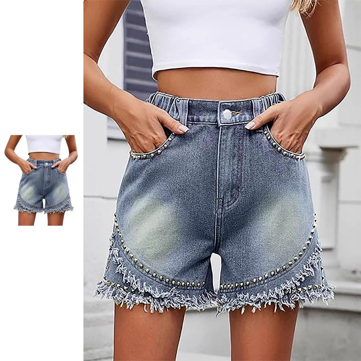 Womens High Waisted Jean Shorts Rivets Frayed Raw Hems Elastic Waist Denim Shorts Casual Hot Pants for Travel honest