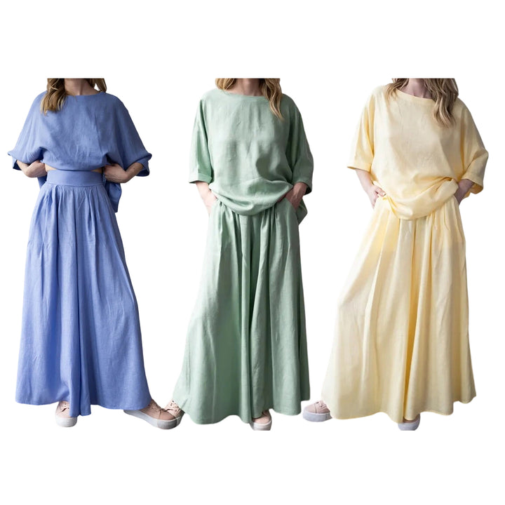 Matching Skirt Set Two Piece Linen 3/4 Sleeve Top with Flowy Skirt Summer Lounge Outfits for Going Out Travel delightful