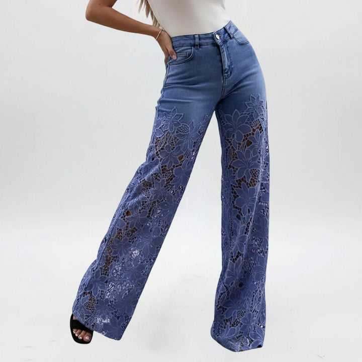 Lace Jeans for Women Hollow Lace Spliced High Waisted Fashion Jeans Loose Fit Denim Pants for Daily Wear exceptional