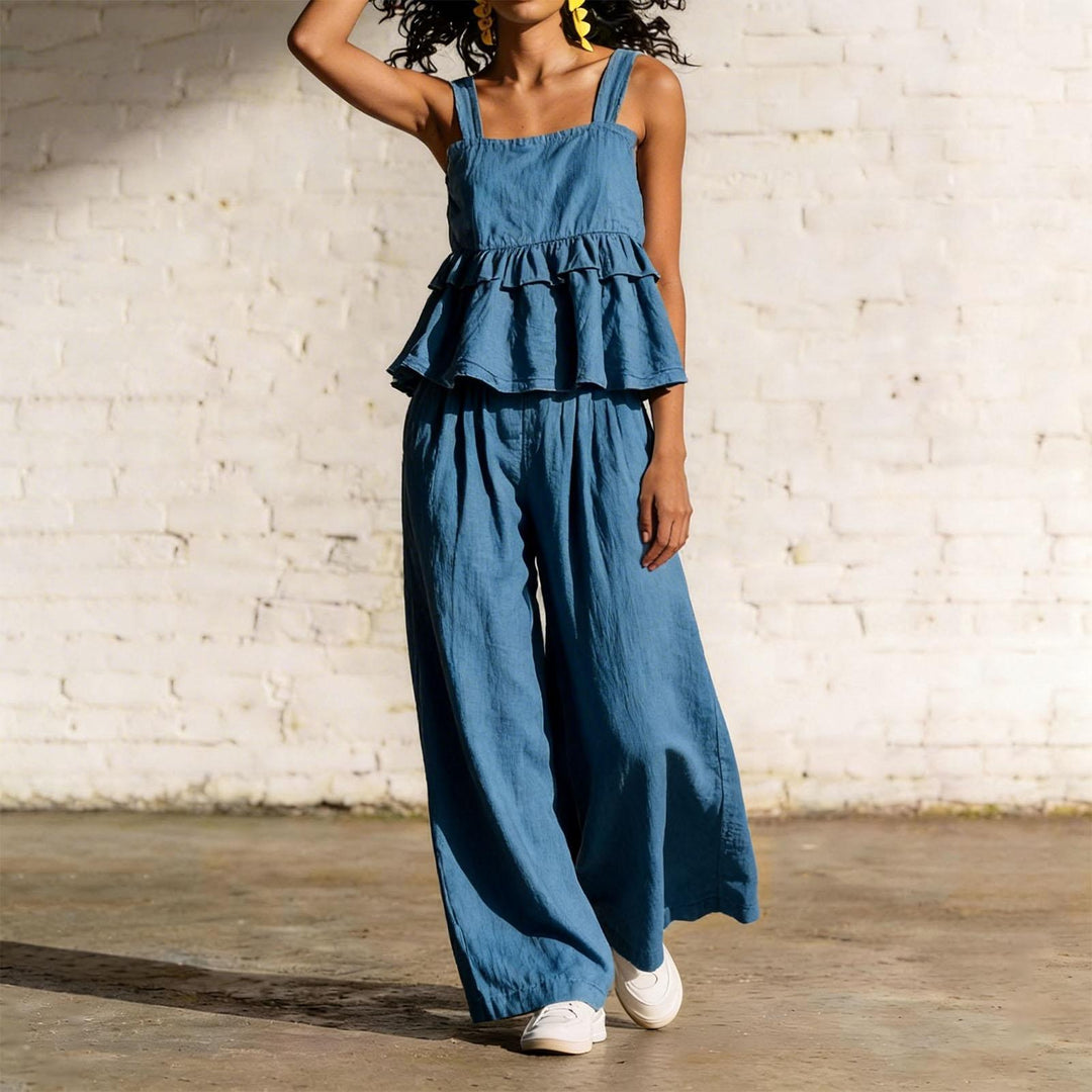 2 Piece Summer Sets for Women Ruffle Casual Summer Sleeveless Peplum Top and Wide Leg Pants Sets for Leisure workable