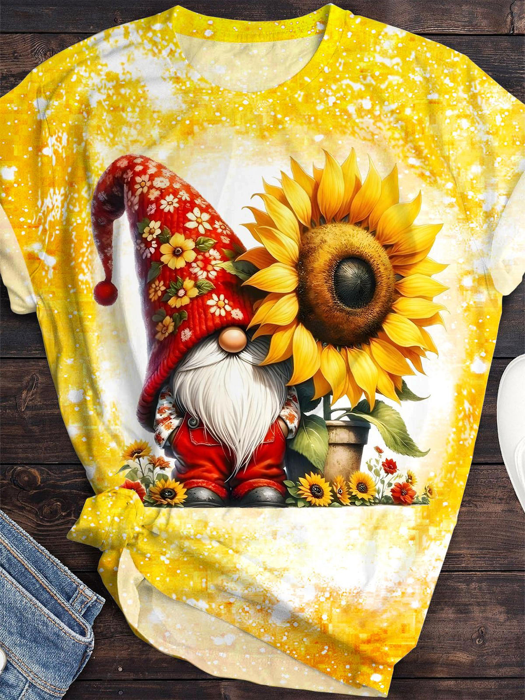 Cute Gnome Sunflower Printed Crew Neck T-shirt