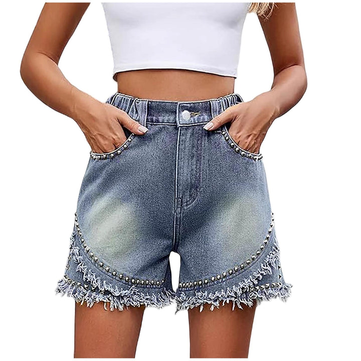 Womens High Waisted Jean Shorts Rivets Frayed Raw Hems Elastic Waist Denim Shorts Casual Hot Pants for Travel honest