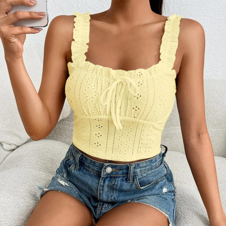 Eyelet Tank Tops for Women Ruffle Ruched Sleeveless Square Neck Tie Front Bust Crop Camisole Tops for Travel excellent