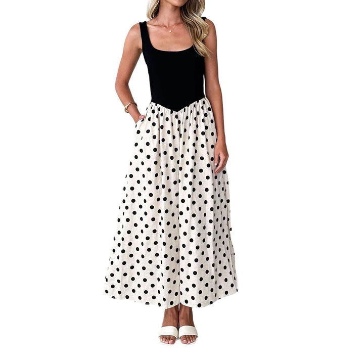 Sleeveless Maxi Dress for Women Dot Scoop Neck Summer Sleeveless Boho A Line Flowy Maxi Tank Dress for Travel everywhere