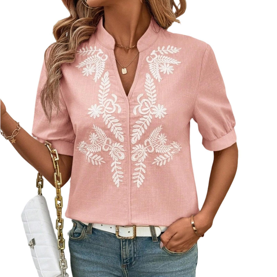 Embroidered Blouses for Women V Neck Floral Embroidered Top Short Sleeve Blouses Fashion Clothes for Travel generous