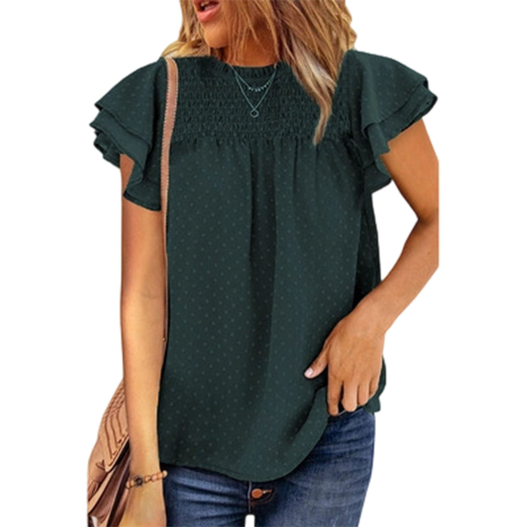 Womens Ruffle Short Sleeve Blouse Dot Smocked Crewneck Summer Flowy Chiffon Shirts Pullover Tops for Travel expedient