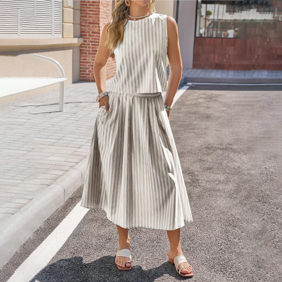 Striped Skirt Set 2 Piece Casual Sleeveless Top and Midi Skirt Summer Matching Lounge Sets for Everyday Wear adaptable