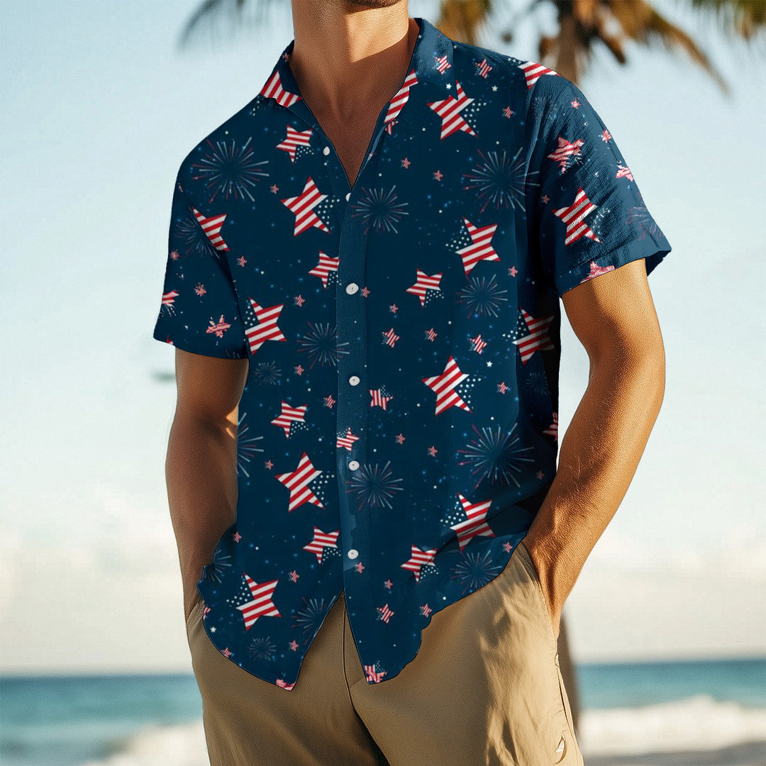 Mens Patriotic Button Down Shirts American Flag Short Sleeve Casual Button Up Hawaiian Shirts for Vacation polite