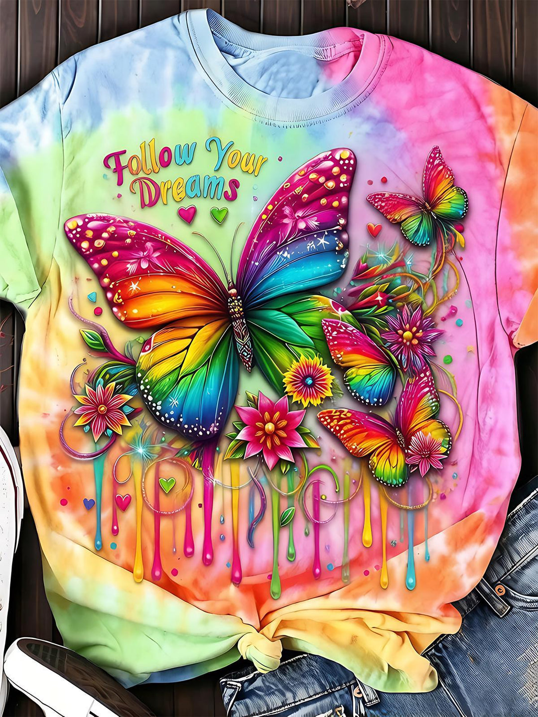 Colorful Butterfly Tie-Dye Women's Short Sleeve Crew Neck T-shirt