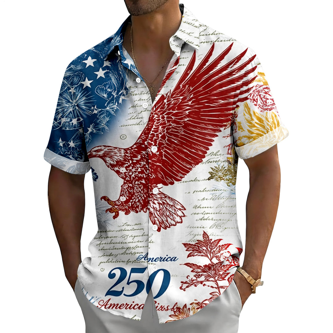 Patriotic Button Up Shirts For Men 250 Years Flag Lapel Short Sleeve Casual Trendy Hawaiian Shirts for Travel respectable