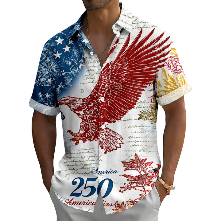 Patriotic Button Up Shirts For Men 250 Years Flag Lapel Short Sleeve Casual Trendy Hawaiian Shirts for Travel respectable