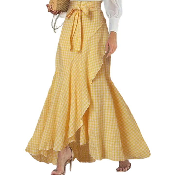 Long Plaid Skirt Mermaid A Line Women High Waist Flowy Ruffle High Low Skirts Waist Tie Clothes Daily Wear capable