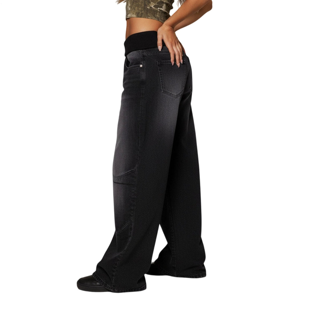 Womens Low Rise Baggy Jeans Fold-Over Elastic Waist Wide Leg Jeans Denim Pants Loose Fit Trousers for Club appropriate