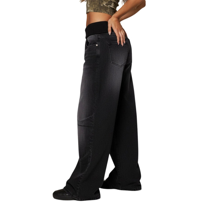 Womens Low Rise Baggy Jeans Fold-Over Elastic Waist Wide Leg Jeans Denim Pants Loose Fit Trousers for Club appropriate