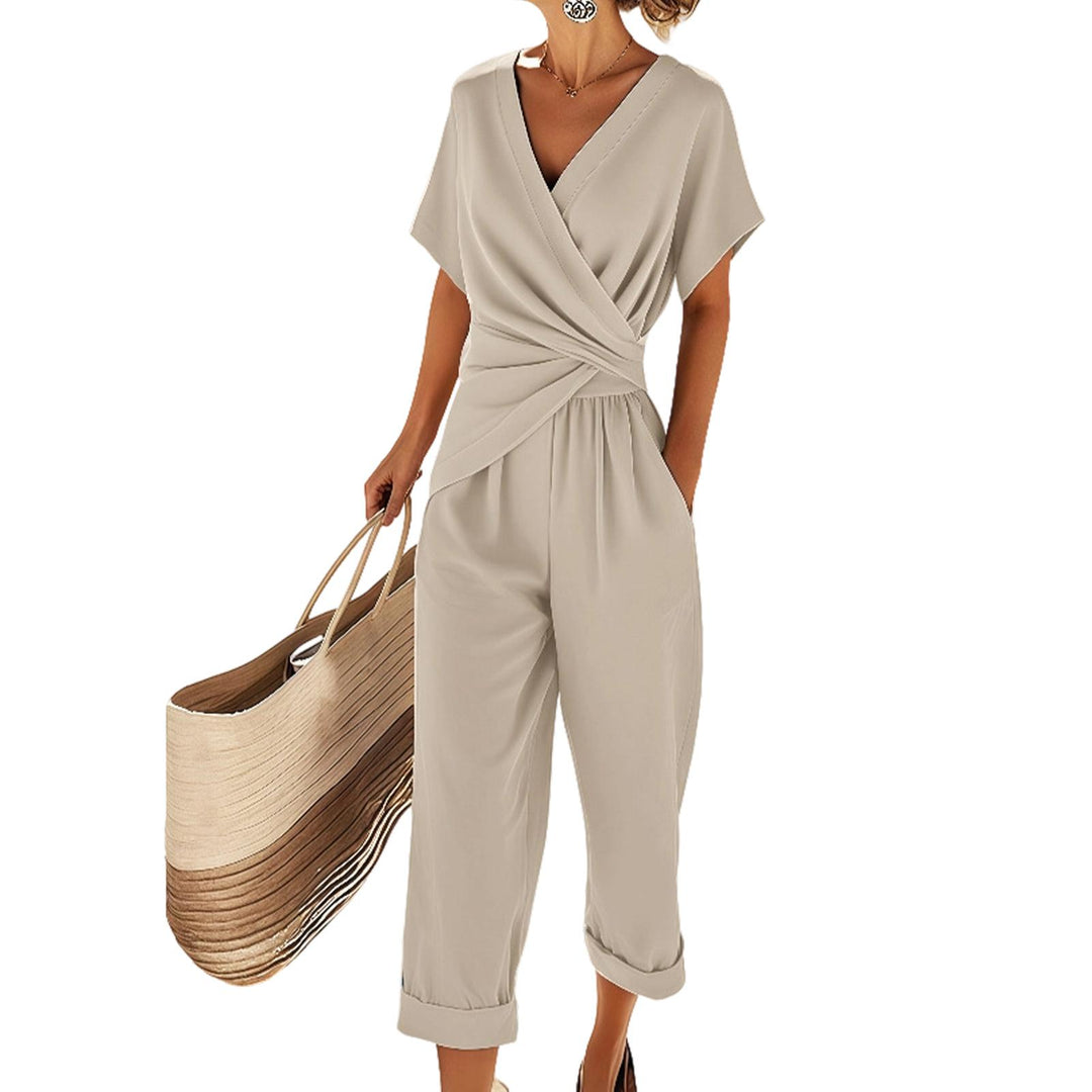 2 Piece Summer Sets for Women Wrap V Neck Side Twist Short Sleeve Solid Top Lounge Pants Outfits for Travel efficient