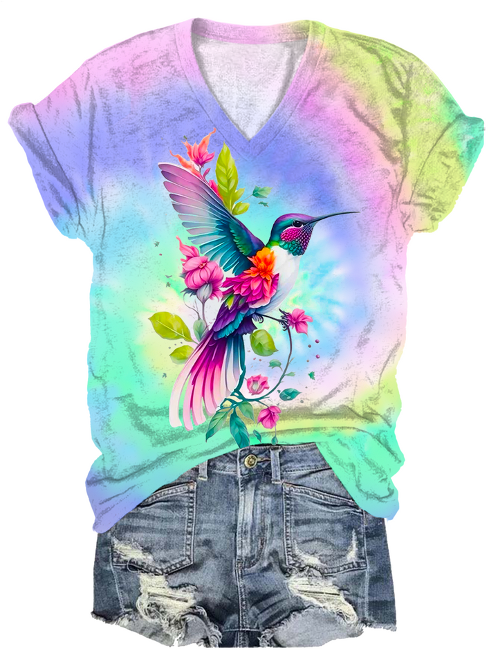Tie-dye Hummingbird Flowers V-neck T-Shirt
