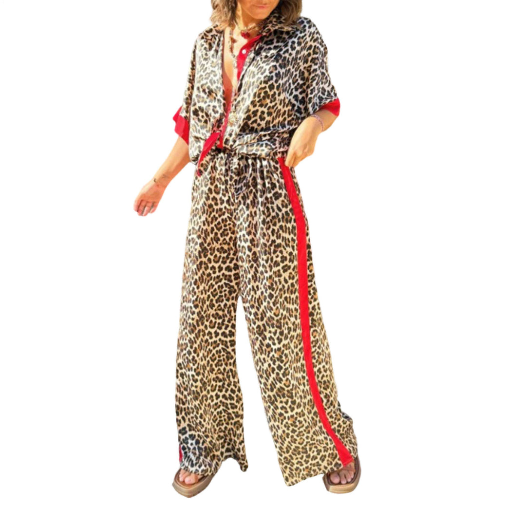 Womens Lounge Set 2 Piece Leopard Print Button Down Shirt with Palazzo Pants Going Out Outfit Streetwear fun