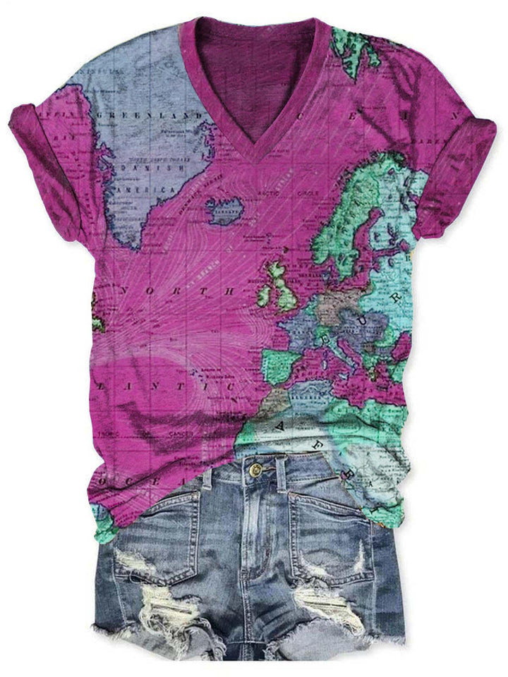 Map V-Neck Short Sleeve T-Shirt