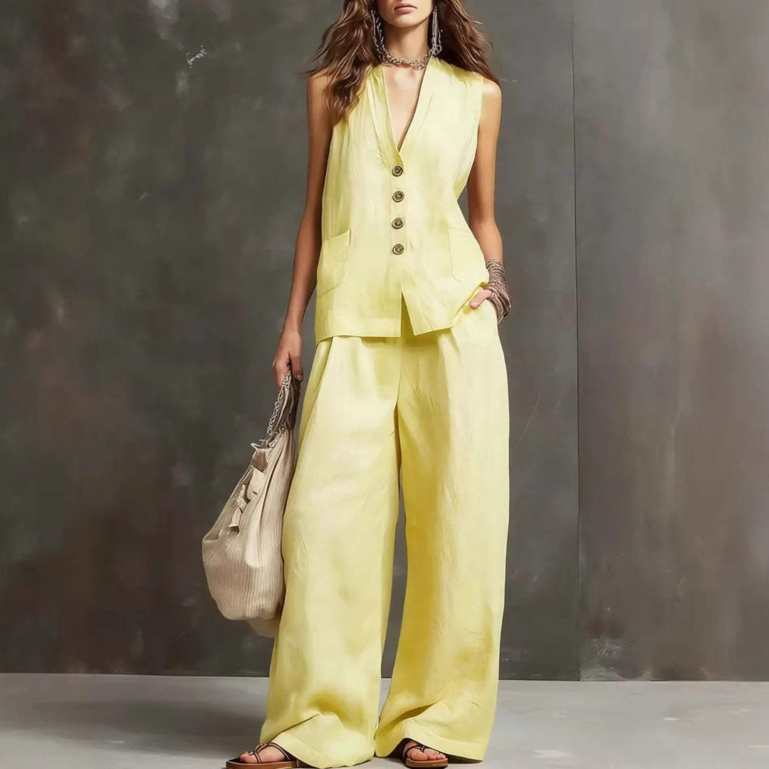 Womens Vest and Pants Set Two Piece Button Down Vest Top and Wide Leg Pants Casual Outfits for Work Travel ideal