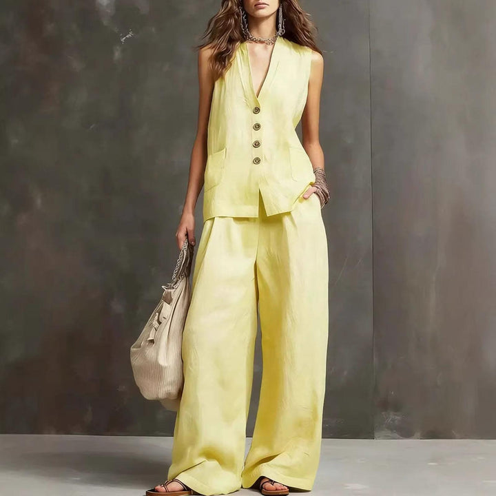 Womens Vest and Pants Set Two Piece Button Down Vest Top and Wide Leg Pants Casual Outfits for Work Travel ideal