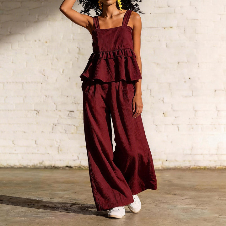 2 Piece Summer Sets for Women Ruffle Casual Summer Sleeveless Peplum Top and Wide Leg Pants Sets for Leisure workable
