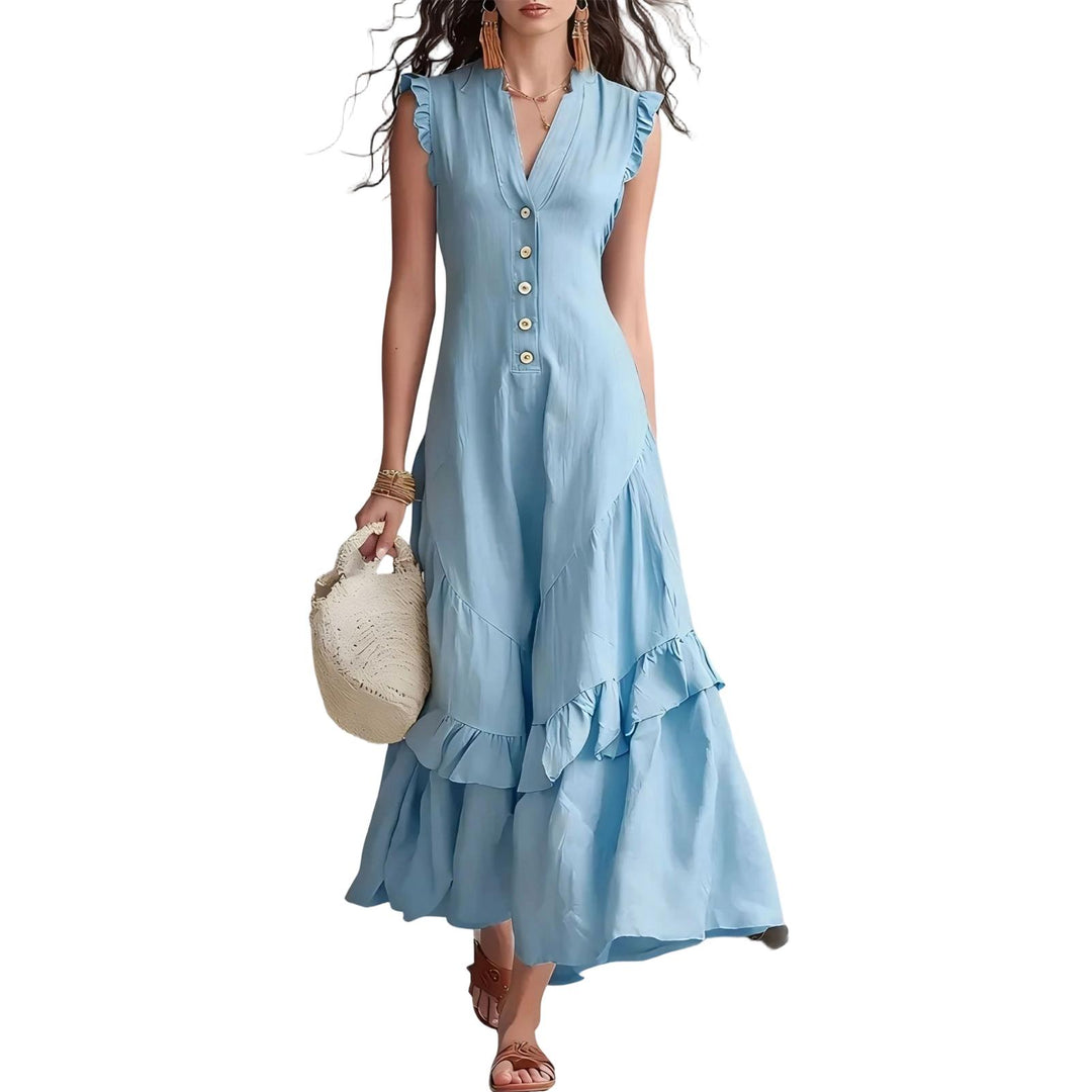 Ruffle Dress Long V Neck Button Flowy Cap Sleeve Summer Maxi Dresses Casual Beach Clothes for Beach Vacation serviceable