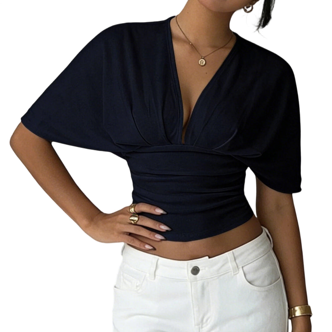 Cinch Waist Tops for Women Ruched Deep V Neck Crop Tops Sexy Summer T Shirts Short Sleeve for Travel Dating original