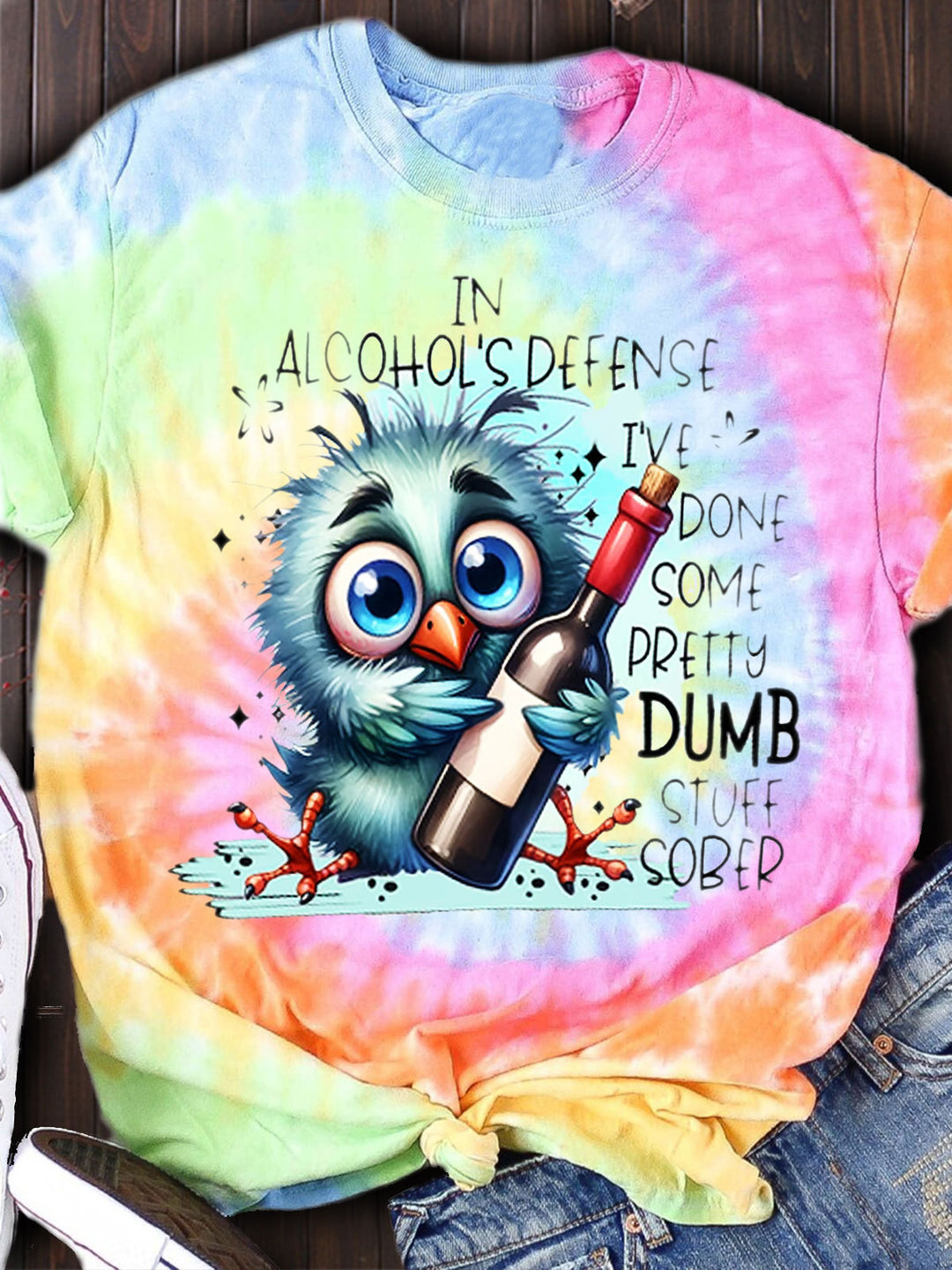 Funny Drinking Bird Print Crew Neck T-shirt