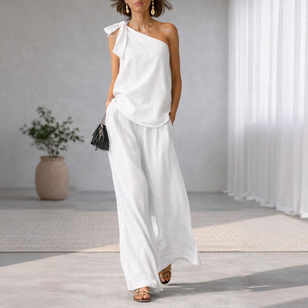 Summer Outfits for Women 2 Piece Set Off Shoulder Asymmetrical Neck Tank Tops Wide Leg Pants Set for Travel refined