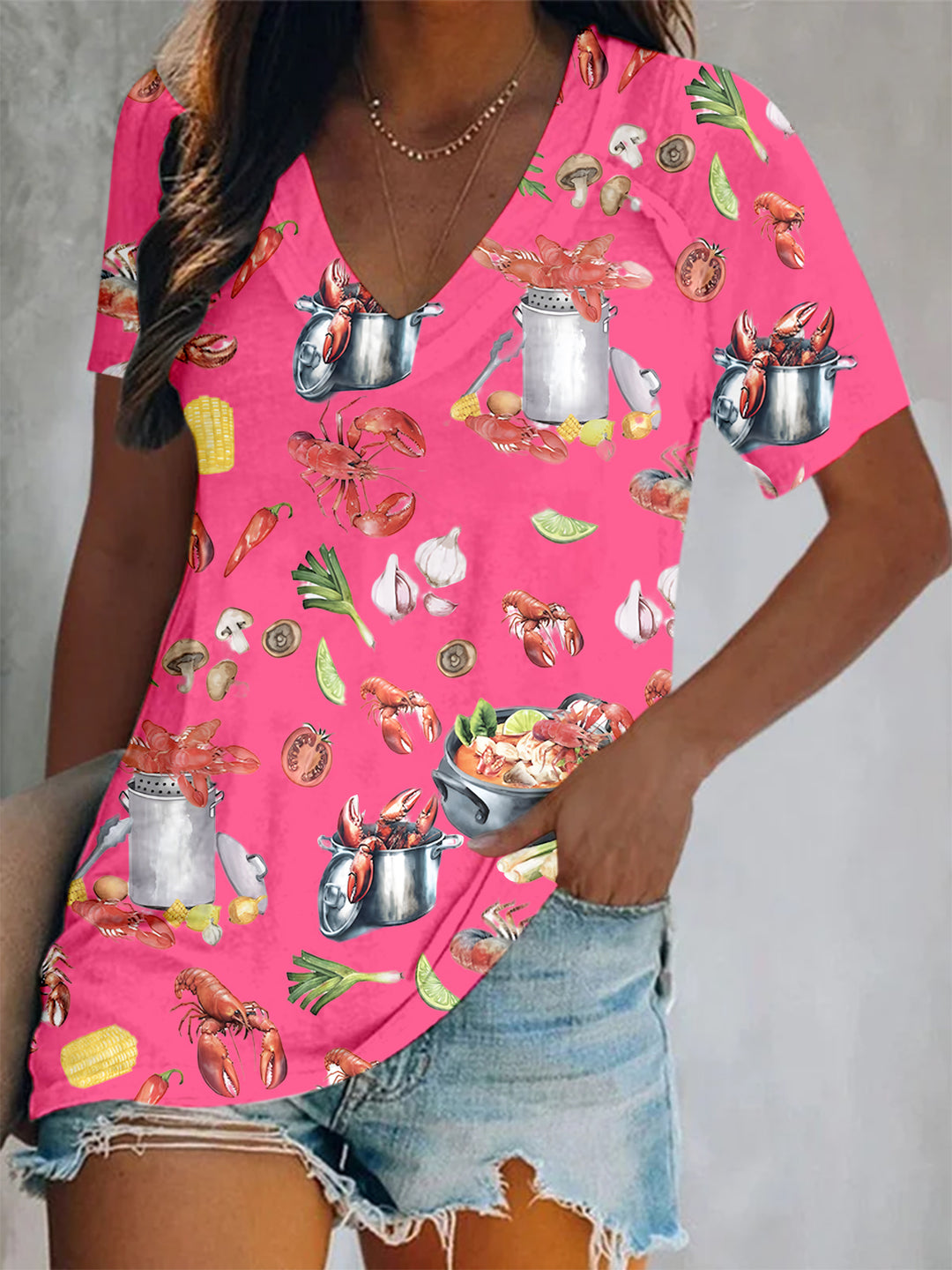 Fun Crawfish Boil Party Print Short Sleeve V Neck Print Top