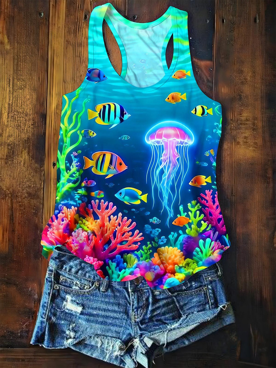 Marine Creature Jellyfish Coral Women's Crew Neck All Over Printed Tank Top