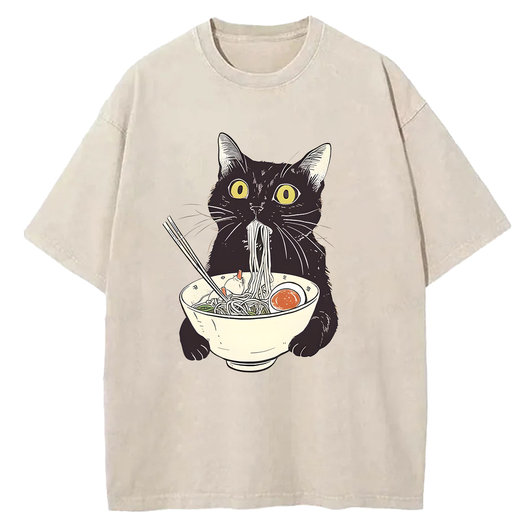 Black Cat Eating Ramen Washed Crew Neck T-Shirt